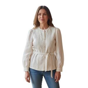 J.Crew Ivory Cream Linen Embroidered Jacket Top Boho size 10